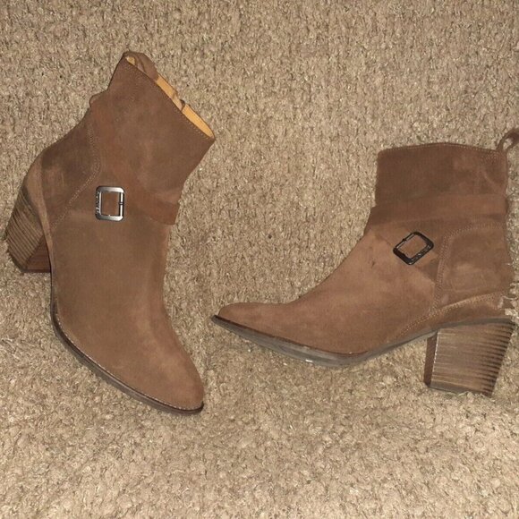 HUNTER-Refined Brown Suede-Side Zip Booties-Criss Cross Buckle-Sz 10-Excellent - Picture 1 of 6